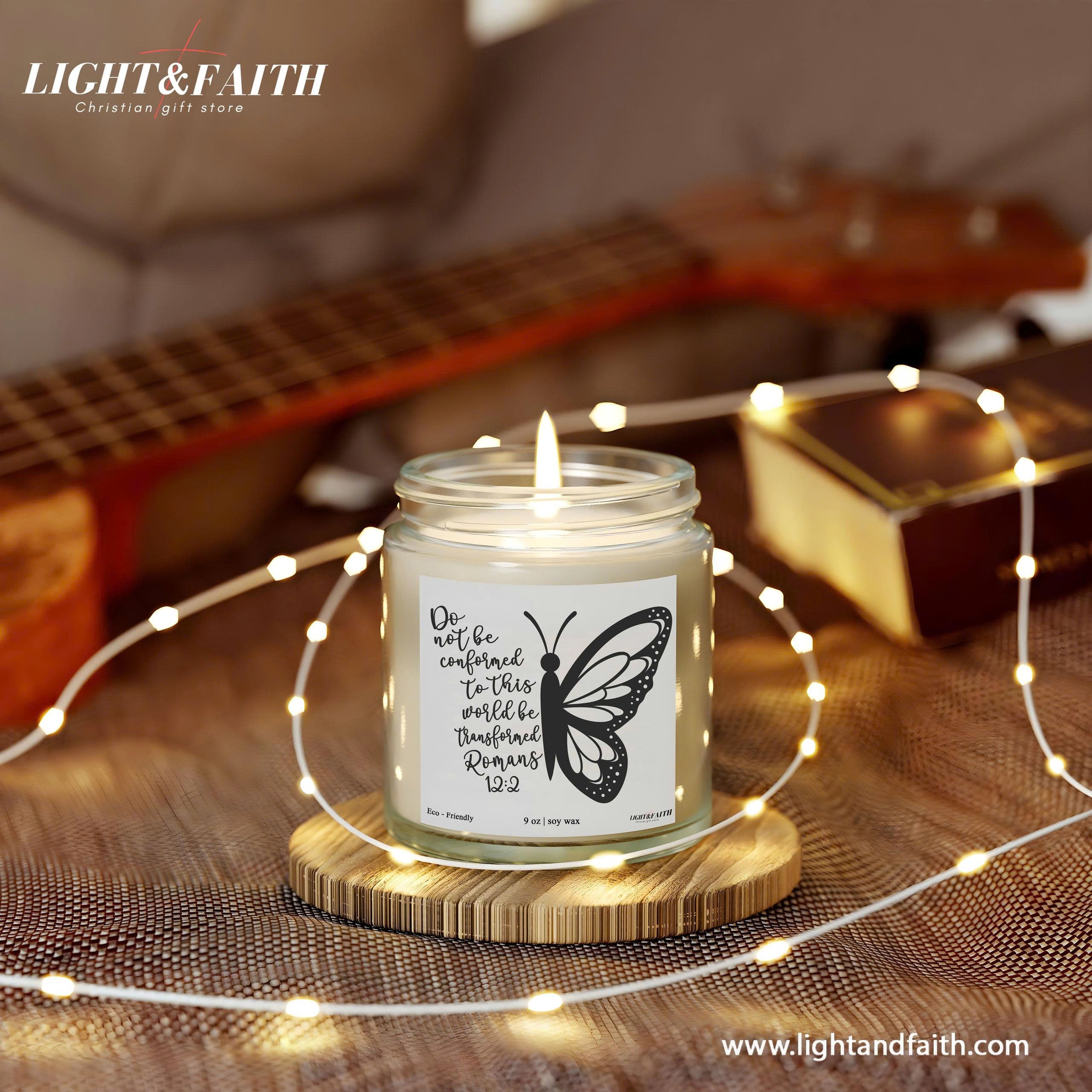 Romans 12:2 Christian Candle, Do Not Be Conformed, Inspirational Bible Verse, Butterfly Design, Uplifting Gift for Spiritual Growth CDLAF23